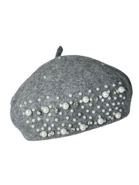 NEW Beret Hat Gray Wool Felt Beaded Embellished Rhinestones Pearls Coquette 90s